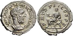 The Roman Empire Macrinus, 217 – 218. Denarius 217, AR 2.75 g. IMP C M OPEL SEV – MACRINVS AVG Laureate and cuirassed bust r. Rev. P M TR P – II COS P P Macrinus seated l. on curule chair, holding glo
