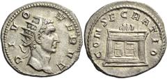 The Roman Empire Consecration coins of Trajan Decius, 249 – 251. Consecration issue of Nerva. Antoninianus 250-251, AR 4.11 g. DIVO – NERVE Radiate head of Divus Nerva r. Rev. CONSECRATIO Altar. C Ner