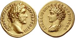 Antoninus Pius, 138-161 Aureus 140, AV 7.15 g. ANTONINVS AVG PI – VS P P TR P COS III Laureate head of Antoninus Pius r. Rev. AVRELIVS CAESAR AVG P II F COS Bare-headed draped and cuirassed bust of Ma