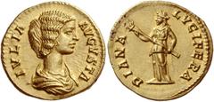 Julia Domna, wife of Septimius Severus Aureus 196-211, AV 7.34 g. IVLIA – AVGVSTA Draped bust r. Rev. DIANA – LVCIFERA Diana standing l., holding torch in both hands. C 31. RIC S. Severus 548 var. (cr
