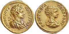Caracalla, 198 Aureus circa 201, AV 7.38 g. ANTONINVS – AVGVSTVS Laureate, draped and cuirassed bust of Caracalla r. Rev. P SEPT GETA – CAES PONT Bare-headed, draped and cuirassed bust of Geta r. C 1.