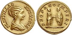 Plautilla, wife of Caracalla Aureus 202-205, AV 7.25 g. PLAVTILLAE – AVGVSTAE Draped bust r.; hair in bun at back. Rev. PROPAGO IMPERI Caracalla and Plautilla clasping hands. C 22. BMC Caracalla 405. 