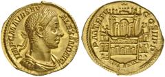 Severus Alexander, 222 Aureus 226, AV 5.86 g. IMP C M AVR SEV ALEXAND AVG Laureate, draped and cuirassed bust r. Rev. P M TR P V COS II P P Nymphaeum of Severus Alexander above building of which both 