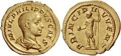 Philip II caesar, 244 Aureus 245-246, AV 4.35 g. M IVL PHILIPPVS CAES Bare-headed and draped bust r. Rev. PRINCIPI I – VVENT Philip II, in military attire, standing l., holding globe in r. hand and sp