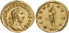 Gallienus, 253 Aureus 253-254, AV 3.33 g. IMP C P LIC GALLIENVS AVG Laureate and cuirassed bust r. Rev. VIRTVS AVGG Soldier standing l., holding spear in l. hand and resting r. on shield. C 1286. RIC 
