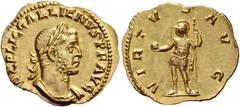 Gallienus, 253 Aureus circa 261–266, AV 1.88 g. IMP C P LIC GALLIENVS P F AVG Laureate and cuirassed bust r. Rev. VIRTVS AVG Soldier standing l., holding globe and sceptre. C 1217. RIC –. Göbl 406. Bi