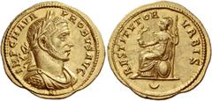 Probus, 276 Aureus, Tripolis 276-282, AV 6.03 g. IMP C M AVR – PROBVS AVG Laureate, draped and cuirassed bust r. Rev. RESTITVTOR – VRBIS Roma seated l., holding Victory on globe in r. hand and sceptre