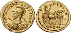 Probus, 276 Aureus, Siscia 279, AV 6.39 g. IMP C M AVR PROBVS P F AVG Helmeted, draped and cuirassed bust l., holding transverse spear and shield decorated with aegis. Rev. P – M TR I – P Emperor, lau