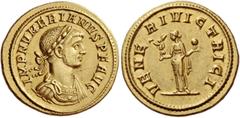 Numerian augustus, 283 Aureus 284, AV 6.58 g. IMP NVMERIANVS P F AVG Laureate and cuirassed bust r., with drapery on l. shoulder. Rev. VENE – RI VICTRICI Venus standing facing, head l., holding Victor