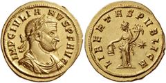 Julian I of Pannonia, October Aureus, Siscia circa 284, AV 4.24 g. IMP C IVLIA-NVS P F AVG Laureate, draped and cuirassed bust r. Rev. LIBERTAS PVBLICA Libertas standing l., holding pileus in r. hand 