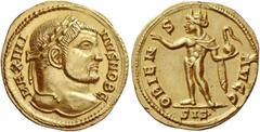 Maximinus II Daia caesar, 305 Aureus, Siscia 308, AV 5.55 g. MAXIMI – NVS NOB C Laureate head r. Rev. ORIEN – S – AVGG Sol, radiate, standing l. with chlamys over l. shoulder, raising r. hand and hold