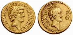 The Roman Republic Marcus Antonius, Lucius Antonius and L. Cocceius Nerva. No.: 388 Estimate: CHF 40000 d=21 mm Marcus Antonius, Lucius Antonius and L. Cocceius Nerva. Aureus, mint moving with Mark An
