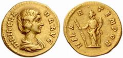 The Roman Empire Didia Clara, daughter of Didius Julianus No.: 520 Estimate: CHF 40000 d=21 mm Aureus March-May 193, AV 6.66 g. DIDIA CLA – RA AVG Draped bust r. Rev. HILA – R – TEMPOR Hilaritas stand