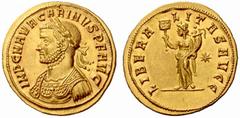 The Roman Empire Carinus Augustus, 283-285 No.: 579 Estimate: CHF 15000 d=21 mm Aureus, Siscia 284, AV 5.64 g. IMP C M AVR CARINVS P F AVG Laureate and cuirassed bust r. Rev. LIBERA – LITAS AVG Libera