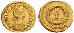 The Roman Empire Justa Gratia Honoria, sister of Valentinian III No.: 624 Estimate: CHF 3000 d=14 mm Tremissis, Ravenna or Roma circa 430-449, AV 1.37 g. D N IVST GRAT HONORIA P F AVG Pearl-diademed a
