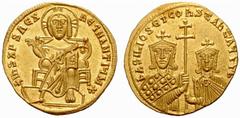 The Byzantine Empire Basil I the Macedonian and colleagues, 867-886 No.: 673 Estimate: CHF 1000 d=22 mm Solidus circa 868-879, AV 4.42 g. +IHS XPS REX – REGNANTIYM* Christ enthroned facing, wearing cr