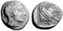 Greek Coins Lycia No.: 1416 Estimate: CHF 800 d=21 mm Stater, uncertain mint c. 410-390, AR 8.65 g. Mørkholm-Zahle –. Vismara Lycia II –. Traité cf. pl. IC, 14 (obol). NAC sale 25, 196 (=). Very rare.