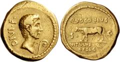 The Roman Republic Ti. Voconius Vitulus. Aureus 40 (?) or later, AV 7.99 g. DIVI·F. Head of Octavian r., slightly bearded; before, lituus. Rev. Q·VOCONIVS / S – C Calf walking l.; in exergue, VITVLVS·