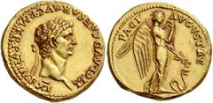 The Roman Empire Claudius, 41 – 54. Aureus circa 46-47, AV 7.69 g. TI CLAVD CAESAR AVG P M TR P VI IMP XI Laureate head r. Rev. PACI – AVGVSTAE Pax-Nemesis advancing r., holding in l. hand caduceus po