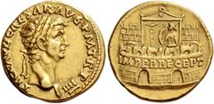 The Roman Empire Claudius, 41 – 54. Aureus 45, AV 7.77 g. TI CLAVD CAESAR·AVG P M T·R·P IIII Laureate head r. Rev. IMPER RECEPT inscribed on praetorian camp, at the door of which stands a soldier with