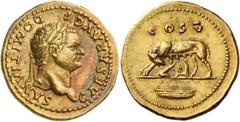 The Roman Empire Domitian caesar, 69 – 81. Aureus 77-78, AV 7.35 g. CAESAR AVG F – DOMITIANVS Laureate head r. Rev. COS V She-wolf l., with twins; in exergue, boat. C 50. BMC Vespasian 237. RIC Vespas