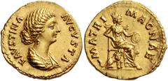 The Roman Empire Faustina II, wife of Marcus Aurelius. Aureus 145-161, AV 7.31 g. FAVSTINA – AVGVSTA Draped bust r. Rev. MATRI – MAGNAE Cybele seated r. on throne, holding drum; on either side, a lion