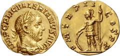 The Roman Empire Valerian I, 253 – 260. Aureus 253-254, AV 2.21 g. IMP C P LIC VALERIANVS AVG Laureate, draped and cuirassed bust r. Rev. P M TR P II – COS P P Soldier standing l., holding spear in l.