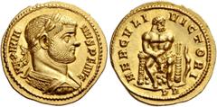 The Roman Empire Maximianus Herculius, 286 – 308. Aureus circa 287, AV 5.54 g. MAXIMIA – NVS PF AVG Laureate, draped and cuirassed bust r. Rev. HERCVLI – VICTORI Hercules seated facing on rock, head r