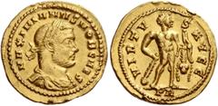 The Roman Empire Galerius Maximianus caesar, 293 – 305. Half light aureus circa 298-299, AV 2.87 g. MAXIMIANVS NOB CAES Laureate, draped and cuirassed bust r. Rev. VIRTV – S AVGGG Hercules standing fa