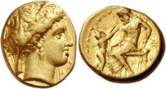 Greek Coins Calabria, Tarentum. Stater circa 333-331/0, AV 8.46 g. [TAPA] Veiled and diademed head of Hera r., wearing earring and necklace; below chin, dolphin swimming downwards. Behind neck, [E]. R