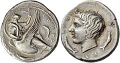 Greek Coins Camarina. Didrachm circa 405, AR 8.67 g. KAMA – P – INAIO – N The nymph Camarina, with head l., dressed in low-necked chiton leaving the breast partly bare and with crossed legs, riding on