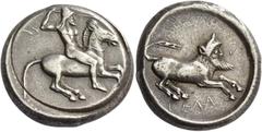 Greek Coins Gela. Tetradrachm circa 475-465, AR 17.36 g. Naked, bearded rider wearing conical helmet, on horse prancing r., spear in r. hand, l. holding reins. Rev. Bearded, man-faced bull (the river-