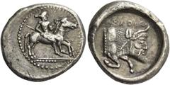 Greek Coins Gela. Drachm circa 475-465, AR 4.07 g. Naked rider about to jump from horse prancing r.; his l. hand holding reins and resting against horse’s mane, kentron in his r. hand. His hair is tie