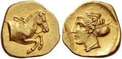 Greek Coins Gela. Litra circa 406, AV 0.87 g. Forepart of bridled horse r. Rev. [ΣΟΣΙΠΟΛΙΣ] Head of nymph l., wearing ampyx and necklace. Rizzo pl. XIX, 9. Jameson 590 (these dies). SNG Lloyd 980 (the