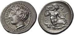 Greek Coins Naxos. Hemidrachm circa 420, AR 2.05 g. ΑΣΣΙΝΟ – Σ Ivy-wreathed head of river god Assinos l. Rev. NAΞI – ΩN Silenus squatting facing, head l., holding cantharus in r. hand and branch in l.