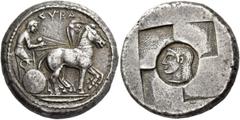 Greek Coins Syracuse. Tetradrachm circa 510-490, AR 17.41 g. SVRA Slow quadriga driven r. by clean-shaven charioteer, wearing long chiton and holding reins in each hand. Rev. Head of Arethusa l., hair
