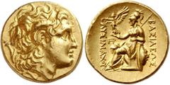 Greek Coins Kingdom of Thrace, Lysimachus, 323 – 281 and posthumous issues. Stater, uncertain mint 323-281, AV 8.44 g. Diademed head of deified Alexander r., with the horn of Ammon. Rev. ΒΑΣΙΛΕΩΣ – ΛΥ
