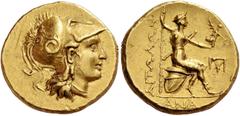 Greek Coins Aetolia, Aetolian League. Stater 275-245, AV 8.53 g. Head of Athena r., wearing crested Corinthian helmet; bowl decorated with coiled snake. Rev. ΑΙΤΩΛΩΝ Aetolia seated r. on pile of shiel