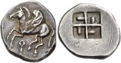 Greek Coins Corinthia, Corinth. Drachm 550-500, AR 2.83 g. Pegasus flying l.; below, ?. Rev. Quadripartite incuse square with projections in each quarter. BMC 29. Rosen 1707. BCD Corinth 7 (this rever