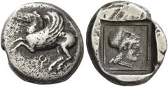 Greek Coins Corinthia, Corinth. Drachm 525-500, AR 2.62 g. Pegasus flying l.; below, ?. Rev. Head of Athena l., wearing Corinthian helmet and pearl necklace. All within partially incuse square with li