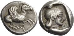 Greek Coins Corinthia, Corinth. Drachm 500-450, AR 2.85 g. Pegasus flying r.; below, ?. Rev. Diademed head of Aphrodite r., wearing pearl necklace; all within incuse square. SNG Lockett 2035 (these di