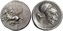 Greek Coins Corinthia, Corinth. Stater circa 410-380, AR 8.62 g. Pegasus flying l.; below q. Rev. Head of Athena r., wearing Corinthian helmet; behind, horse forepart l. Calciati 143/2. BCD Corinth 55