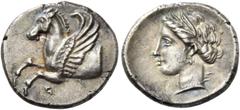 Greek Coins Corinthia, Corinth. Hemidrachm circa 150-120 century, AR 1.32 g. Forepart of Pegasus l.; below, q. Rev. Laureate head of Aphrodite l., wearing pearl necklace. SNG Copenhagen 115 (these die