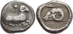 An Important and Interesting Collection of Cypriot Coins Nikodamos, circa 460-450. Siglos circa 460-450 BC, AR 11.32 g. ba si le fo se ni ko da mo in Cypriot characters Ram lying r.; above, vase. Rev.