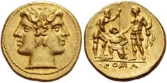 The Roman Republic Half-stater circa 218-216, AV 3.41 g. Laureate Janiform head of the Dioscuri. Rev. Oath taking scene with two warriors: one Roman and the other representing the Italian allies, stan