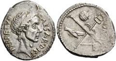 The Roman Republic C. Iulius Caesar with L. Aemilius Buca. Denarius 44, AR 4.08 g. CAESAR·DICT – PERPETVO Wreathed head of Caesar r. Rev. Fasces and caduceus in saltire; on l., axe and on r., globe. A