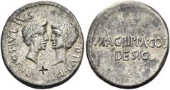 The Roman Republic Octavianus and M. Vipsanius Agrippa. Denarius, mint moving with Octavian 38, AR 3.68 g. DIVOS IVLIVS – DIVI·F Confronted heads of Julius Caesar, wreathed r., and Octavian, bareheade