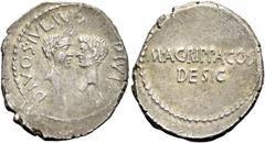 The Roman Republic Marcus Antonius. Denarius, mint moving with Octavian 38, AR 3.96 g. DIVOS IVLIVS – DIVI·[F] Confronted heads of Julius Caesar, wreathed r., and Octavian, bareheaded l. Rev. M·AGRIPP
