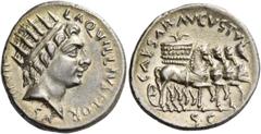 The Collection of a Perfectionist of Roman Imperial Silver Coins Octavian as Augustus, 27 BC – 14 AD. L. Aquillius Florus. Denarius circa 19 BC, AR 3.81 g. L AQVILLIVS FLOR – VS III VIR Head of Sol r.