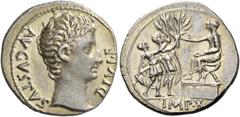 The Collection of a Perfectionist of Roman Imperial Silver Coins Octavian as Augustus, 27 BC – 14 AD. Denarius, Lugdunum 15-13 BC, AR 3.89 g. AVGVSTVS – DIVI·F Bare head r. Rev. Two soldiers (or Drusu